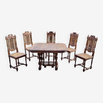 Solid wood beech table with 5 wooden chairs and canning.