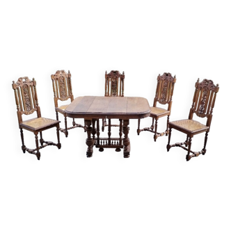 Solid wood beech table with 5 wooden chairs and canning.