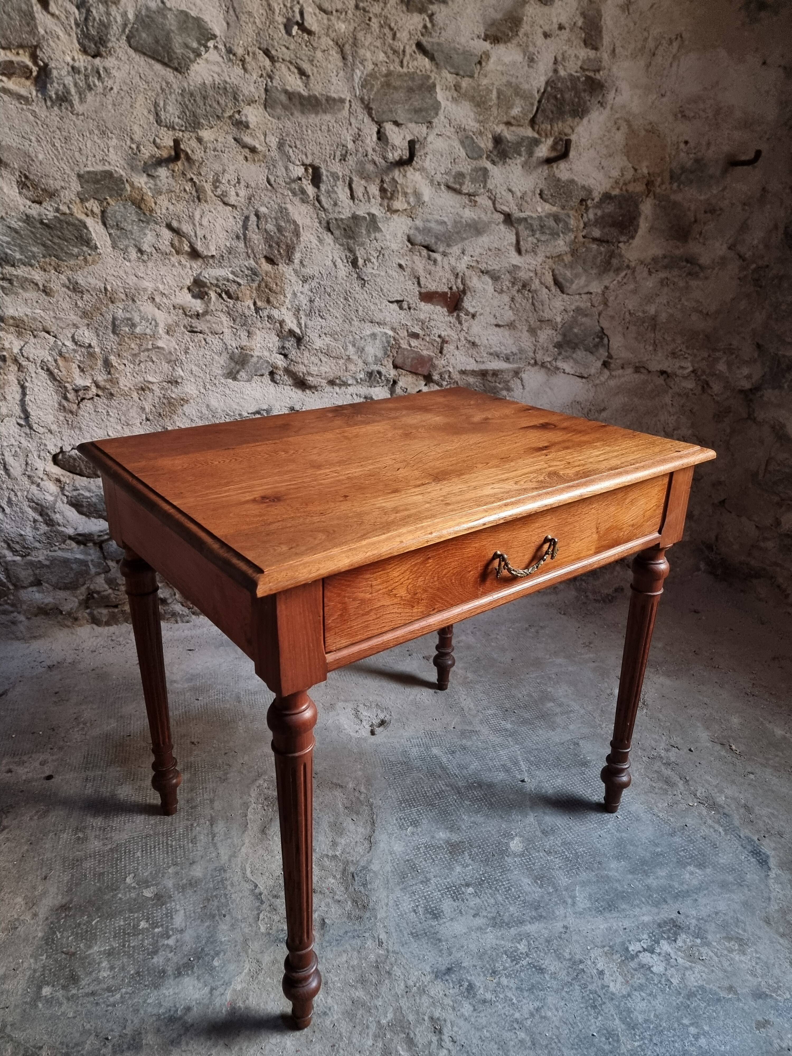 Antique oak writing table with drawer, French side table, console, solid oak desk, circa 1930–1950.