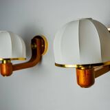 Pair of regency wall lights, pine and stretched canvas, Italy, 1970