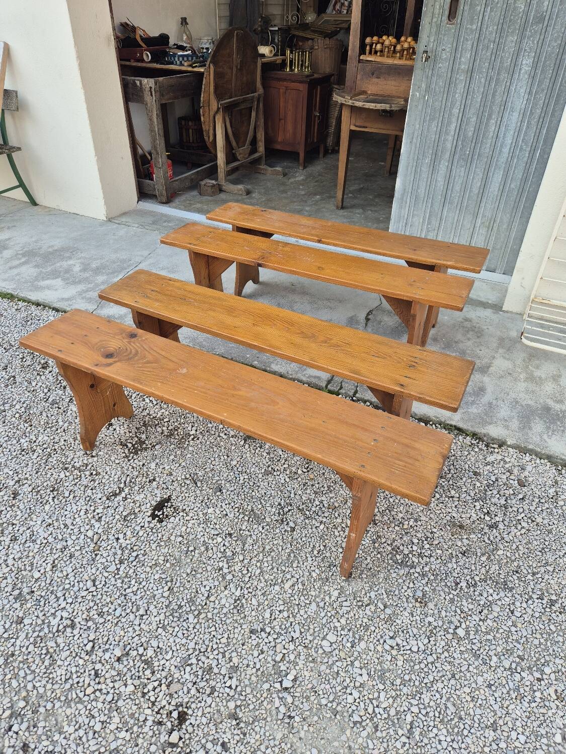 Set of 4 farm benches in old fir 1950s - 1m30
