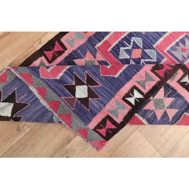 1970s Vintage Turkish Oushak Handmade Wool Cotton Pink Runner Rug 99x331