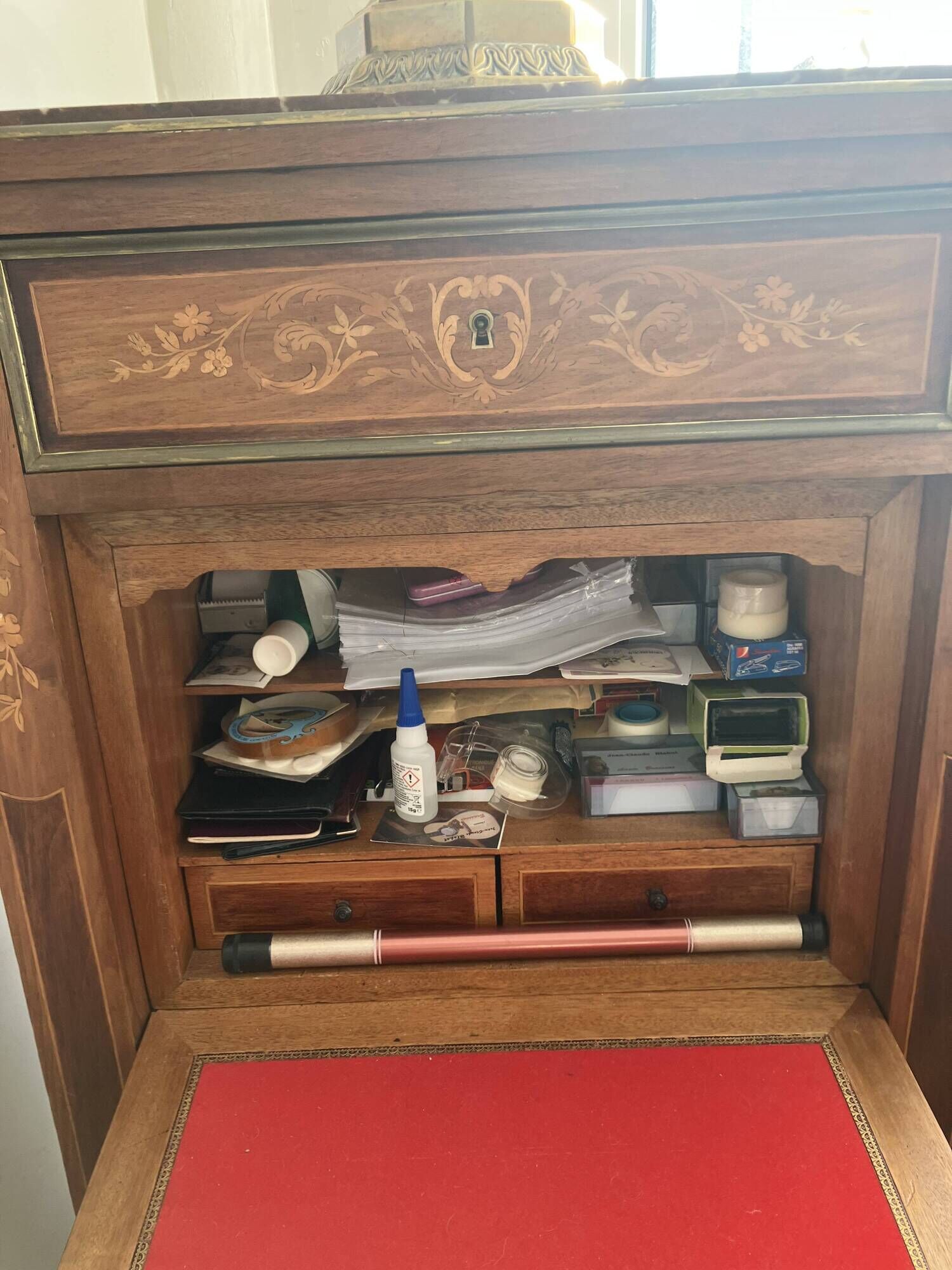 Secretary with a marquetry drop-leaf, marble top, floral decoration.