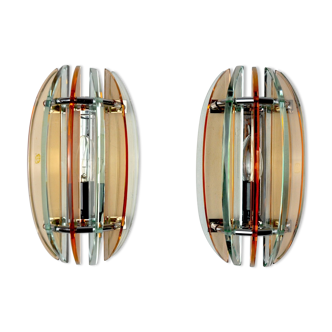 Pair of Veca wall lamps, two-tone murano glass, signed, Italy, 1960