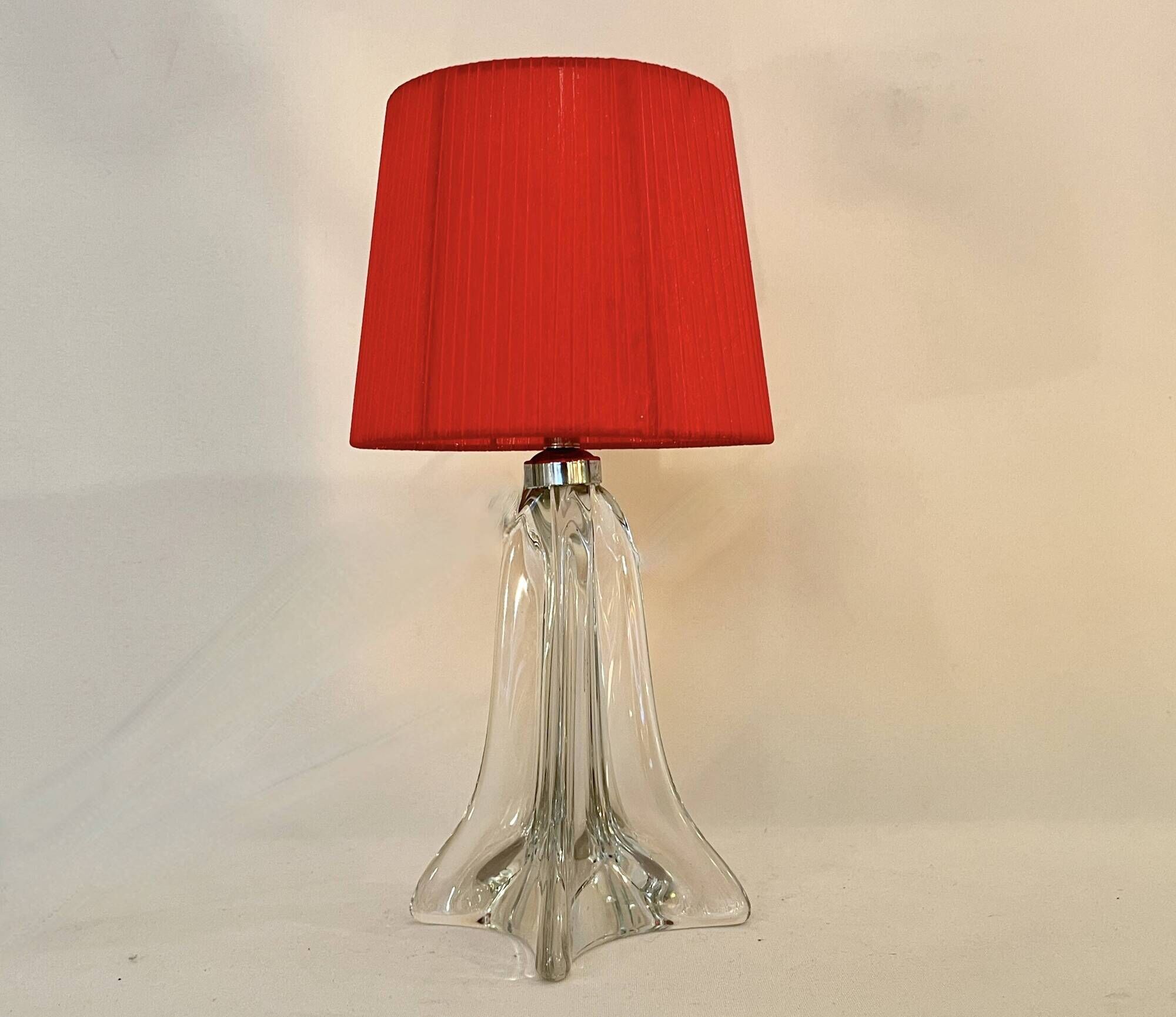 Vintage crystal lamp base with red pleated organza ribbon shade 1940