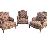 Antique Louis XV style shepherdess armchair in floral flocked fabric