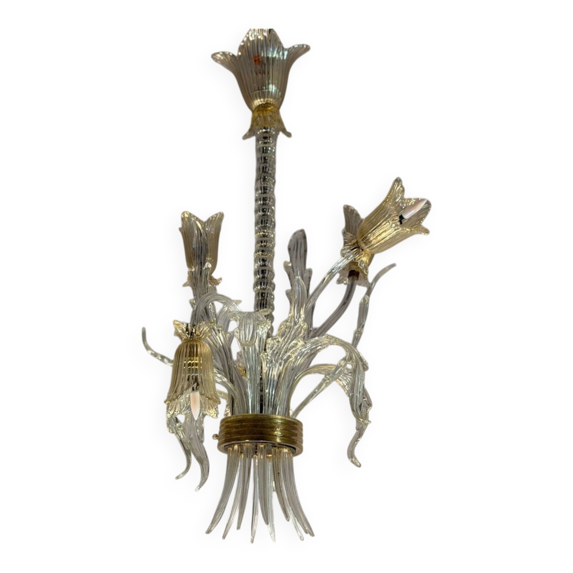 Asymmetrical Venetian chandelier in colourless and gold Murano glass, circa 1980.