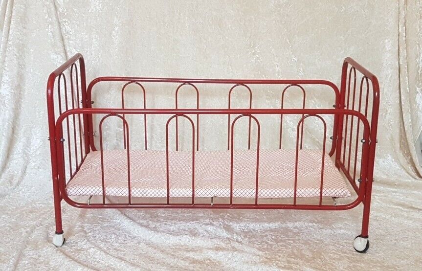Vintage doll bed large model in red lacquered metal and matching mattress