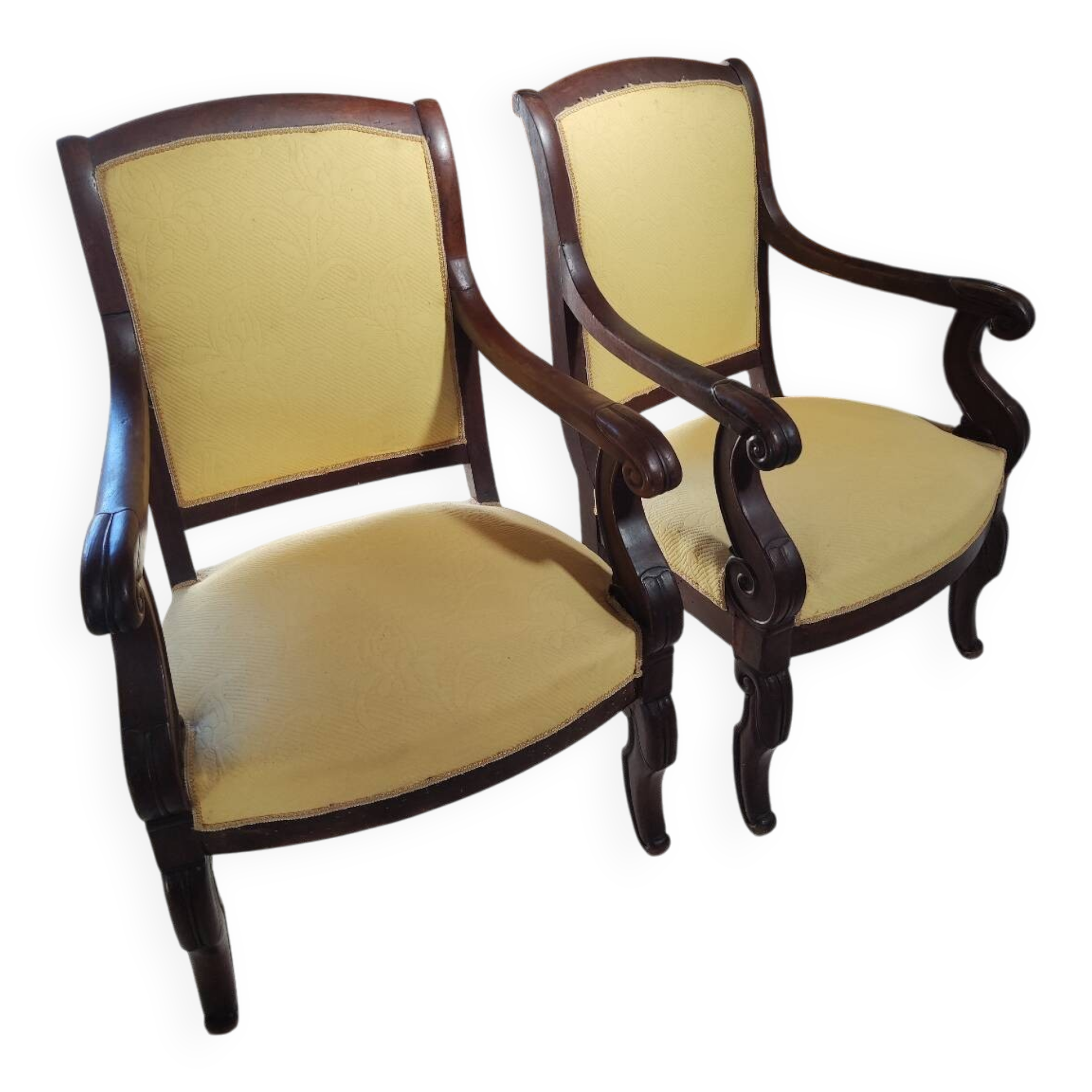 2 antique matching armchairs in wood and fabric