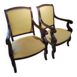 2 antique matching armchairs in wood and fabric