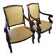 2 antique matching armchairs in wood and fabric