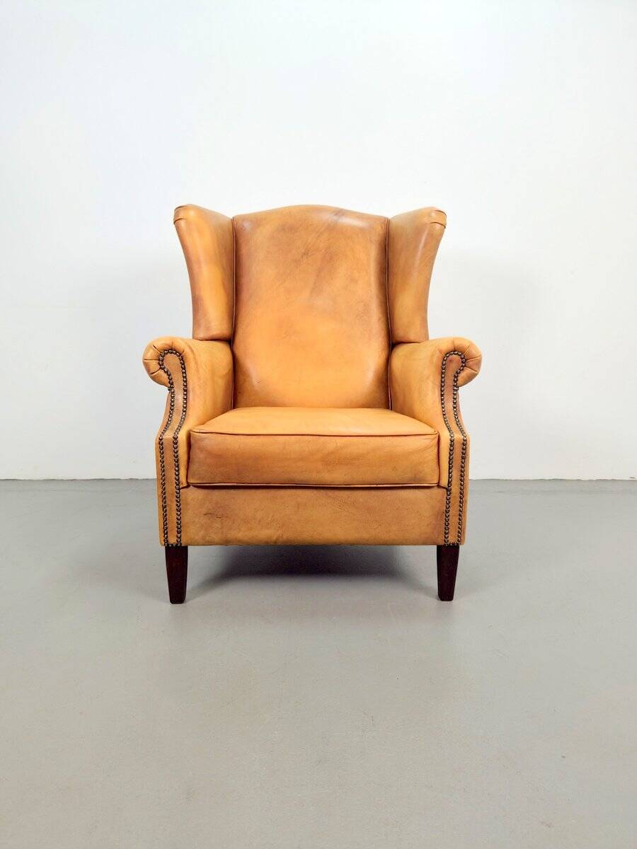 Vintage Sheepskin Leather Wing-Back Chair, 1970s