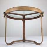 Table basse en laiton et cuir surpiqué