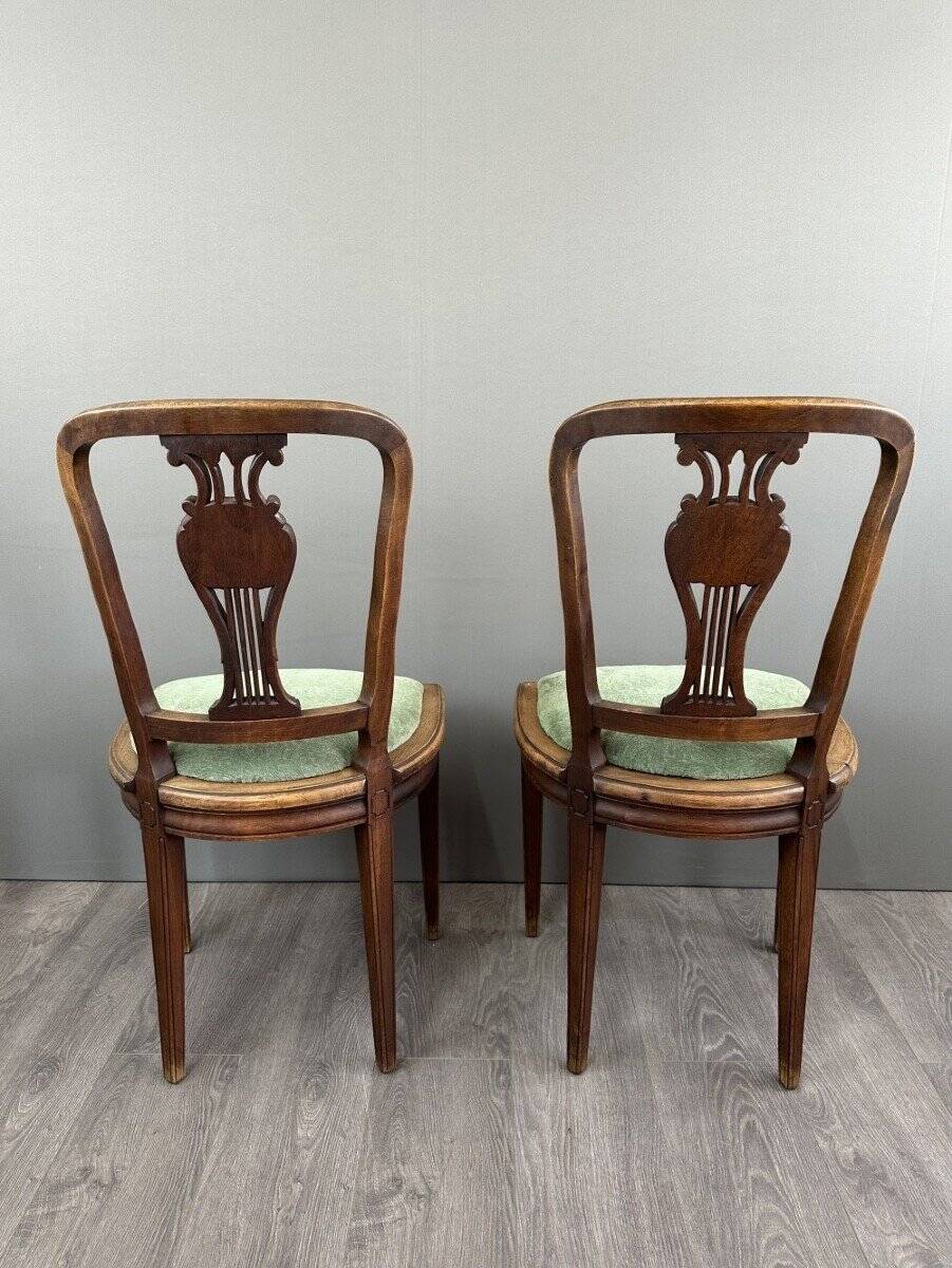 8 Vintage Wooden Chairs With Green Velvet Seat 20th Century