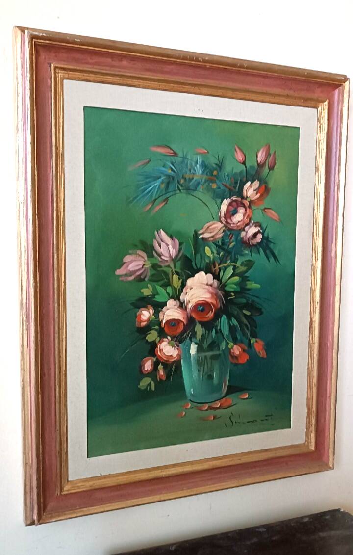 Large oil painting on canvas vase with flowers signed