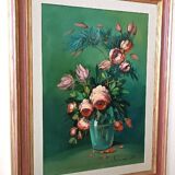 Large oil painting on canvas vase with flowers signed