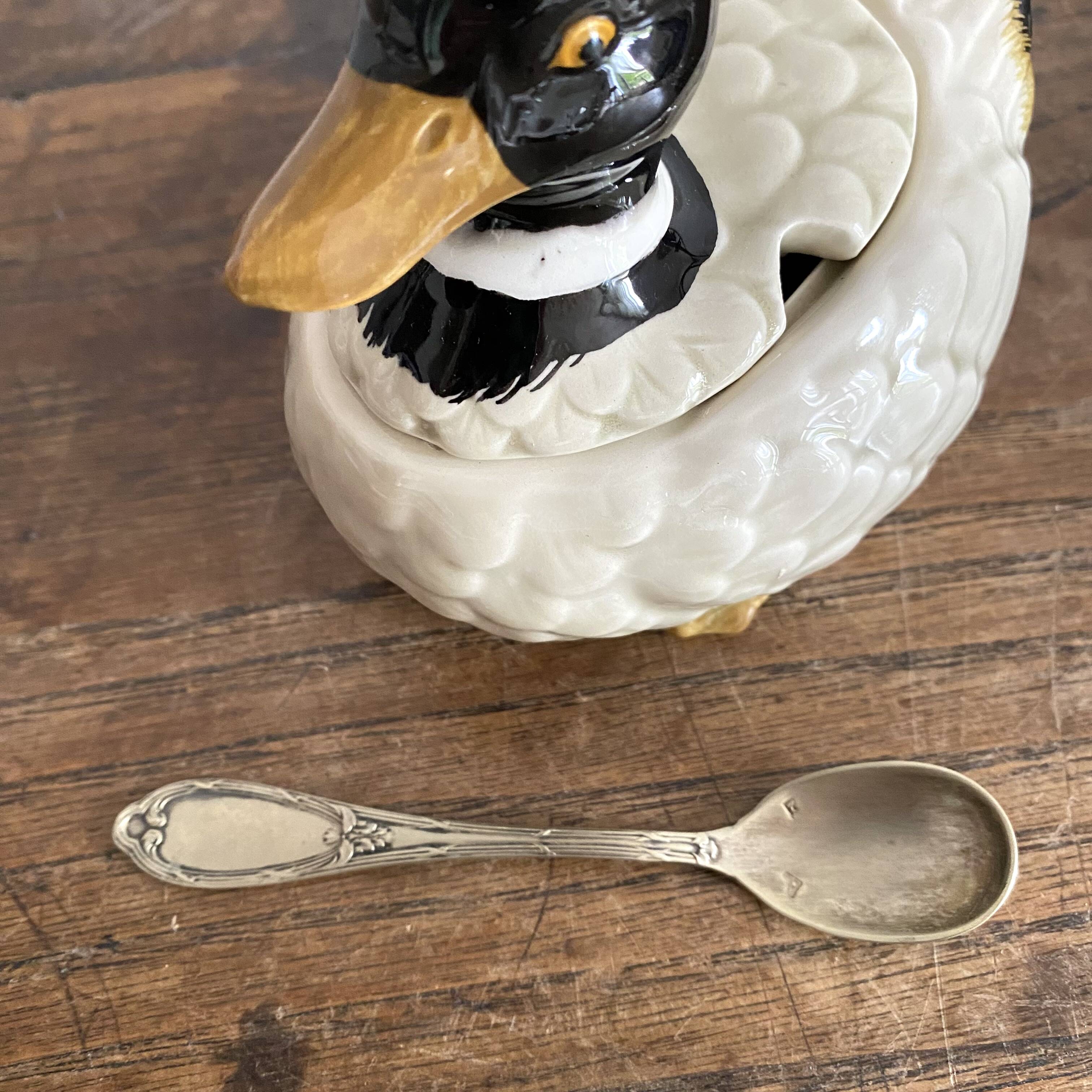 Duck in barbotine, sugar pot or zoomorphic mustard