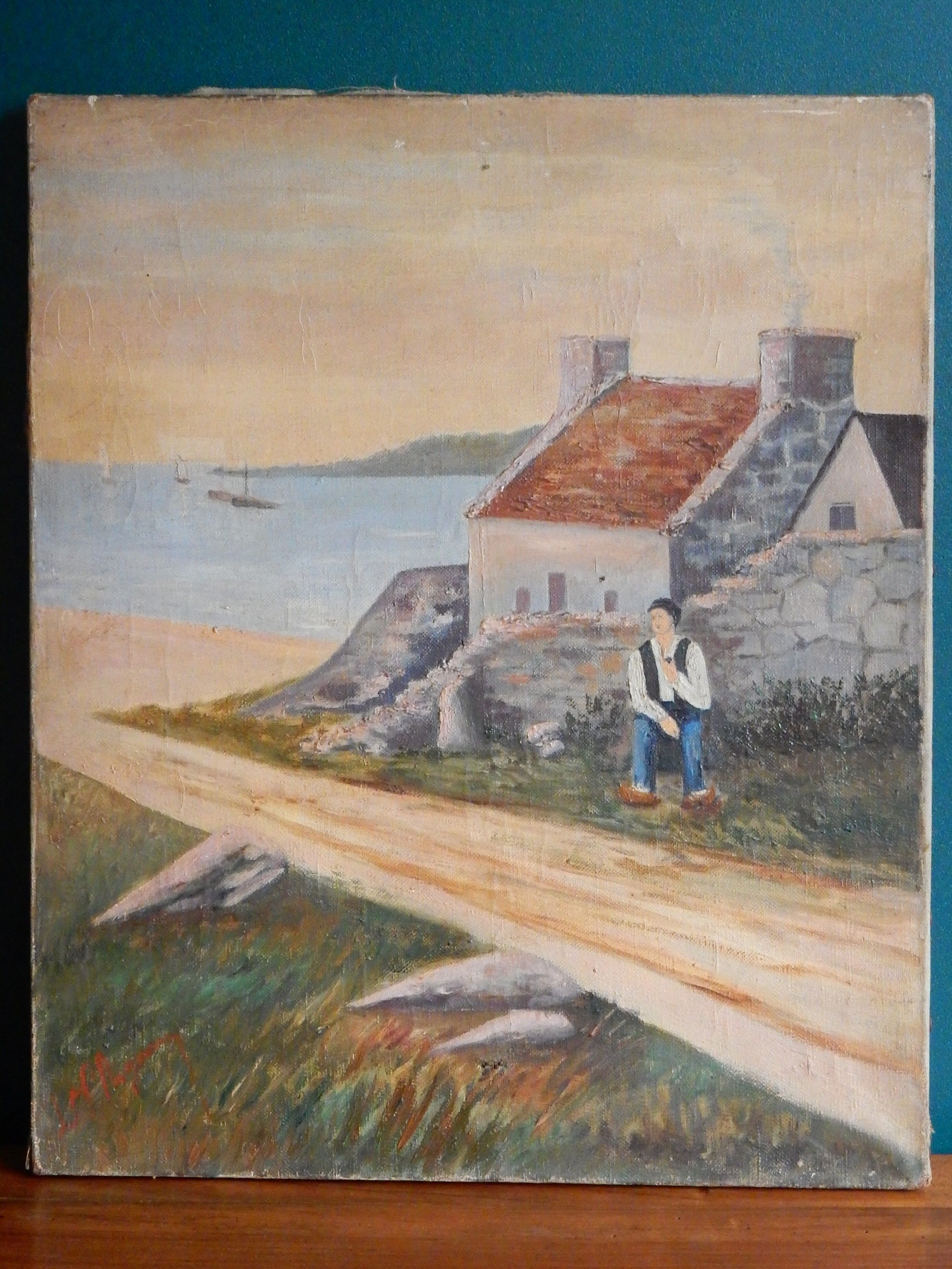 Tableau peinture ancienne homme bord de mer