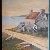 Tableau peinture ancienne homme bord de mer