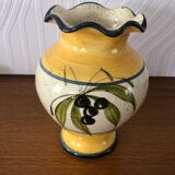 Vase signé Vallauris fait main décor branché d’Olivier jaune, crème et bleu