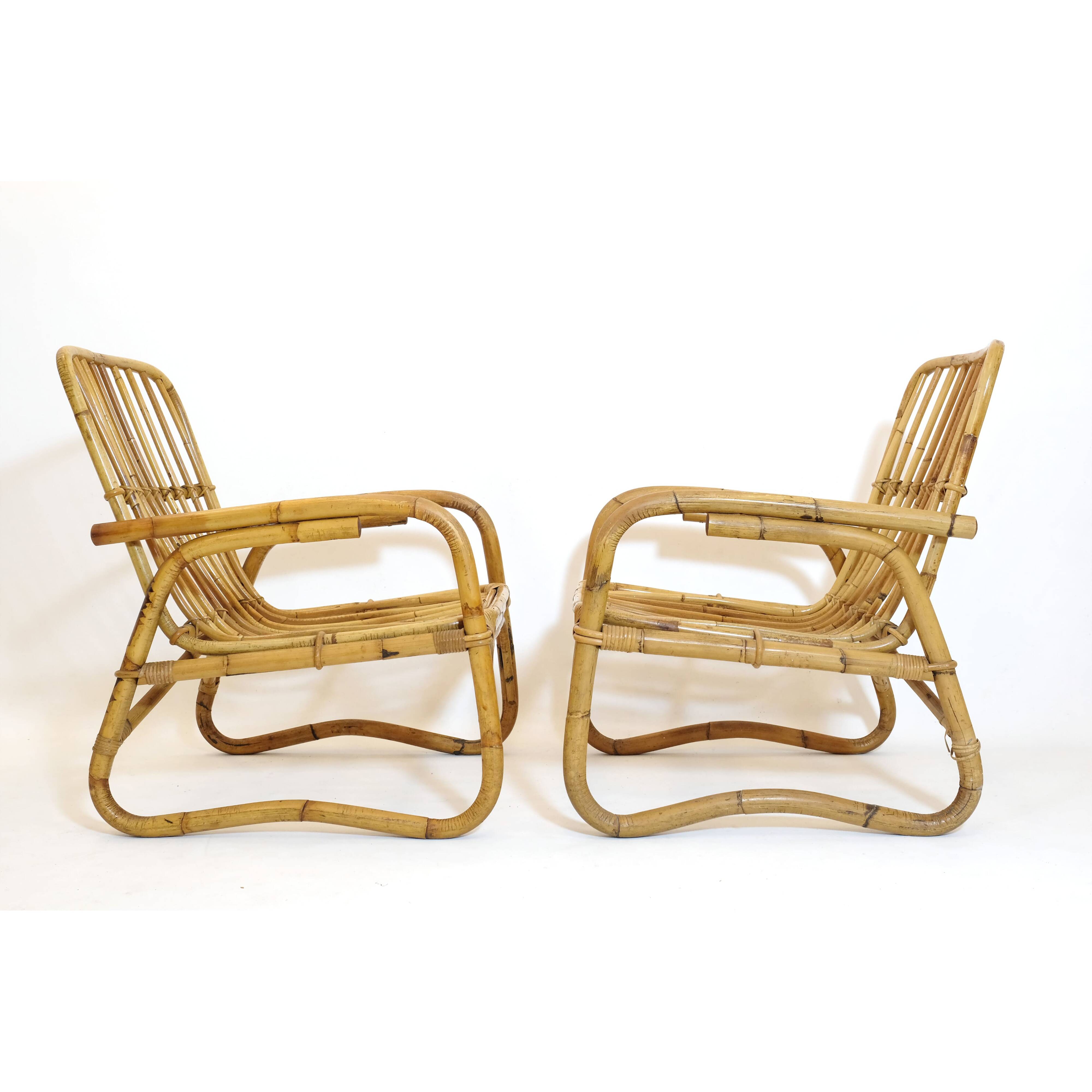 Pair of large Italian rattan armchairs from the 60s.
