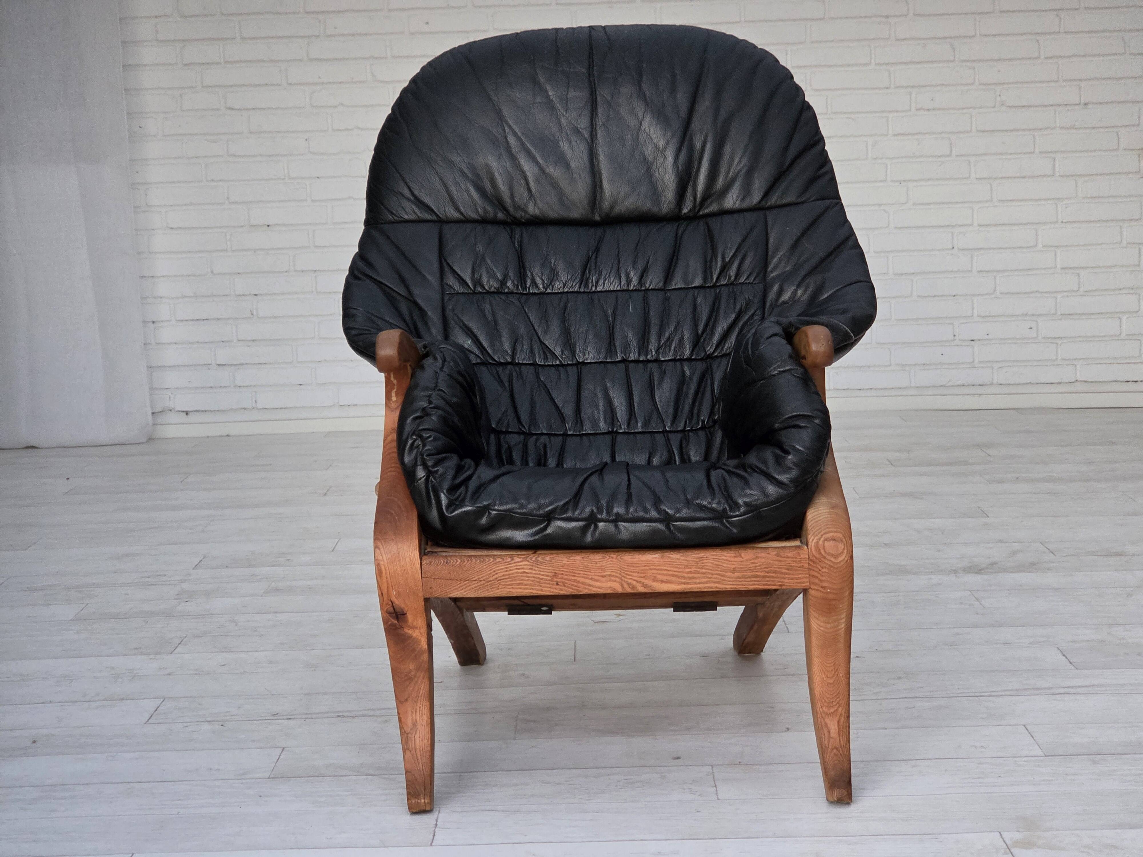 1950s, vintage adjustable armchair, black leather, ash wood.