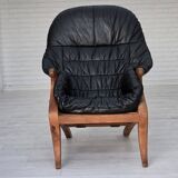 1950s, vintage adjustable armchair, black leather, ash wood.