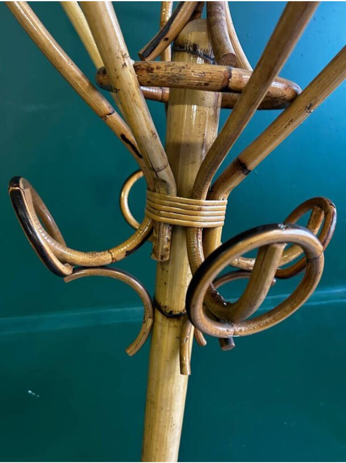 Curved rattan coat rack, 1950s-1970s