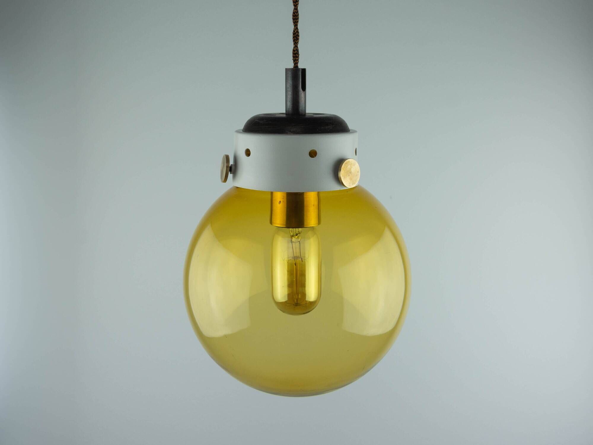Industrial Vintage Mid-Century Modern Amber Glass And Brass Metal Lamp