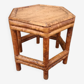 Tabouret hexagonal en bambou et osier vintage