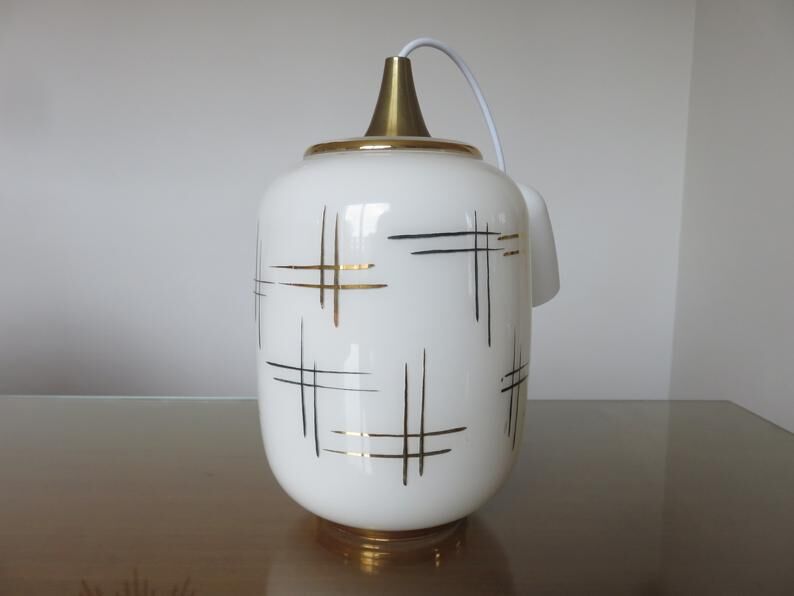 Hanging opaline white gold geometric patterns 60s 70s