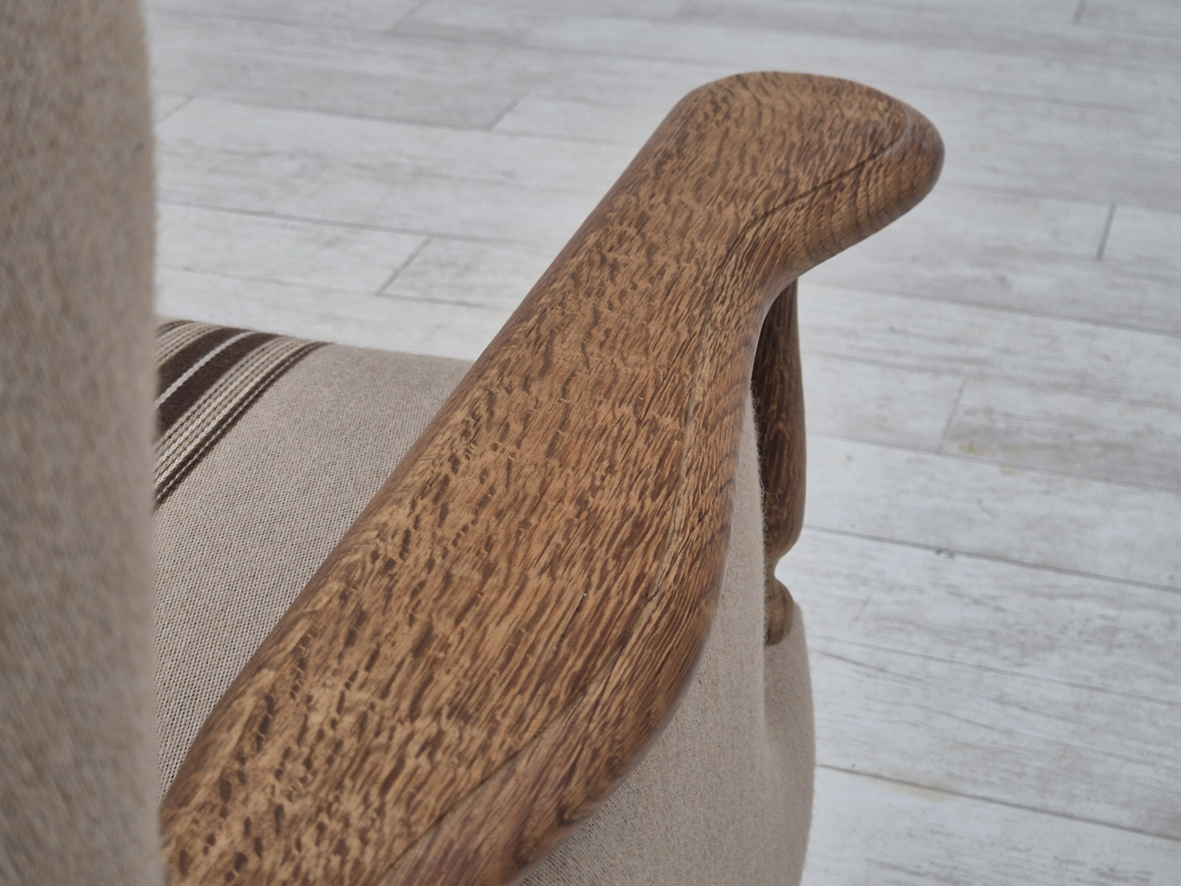 1970s, Danish 3-seater sofa, furniture wool fabric, oak wood, original.