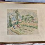 Painting by Edith Berger "Labour Scene" drawing in Crayolor, Dauphinoise school