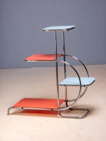 Support en acier Bauhaus par Emile Guyot, étagères en verre coloré, milieu du 20e siècle, Tchécoslovaquie, 90 × 30 × 105 cm