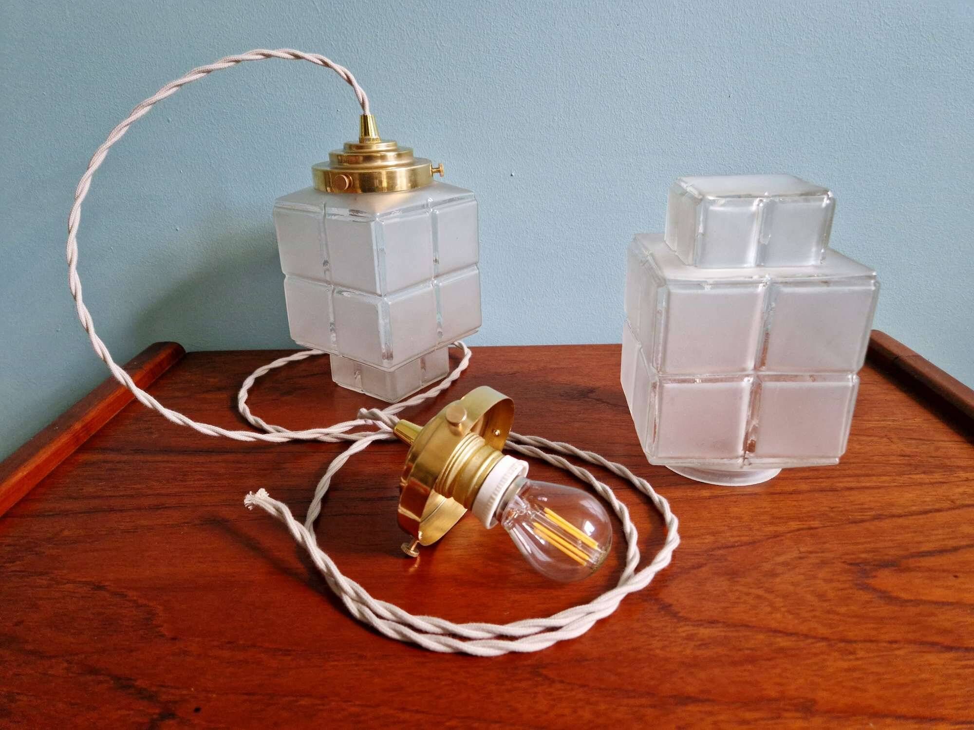 Pair of Art Deco Skyscraper satin glass pendant lights, 1930s