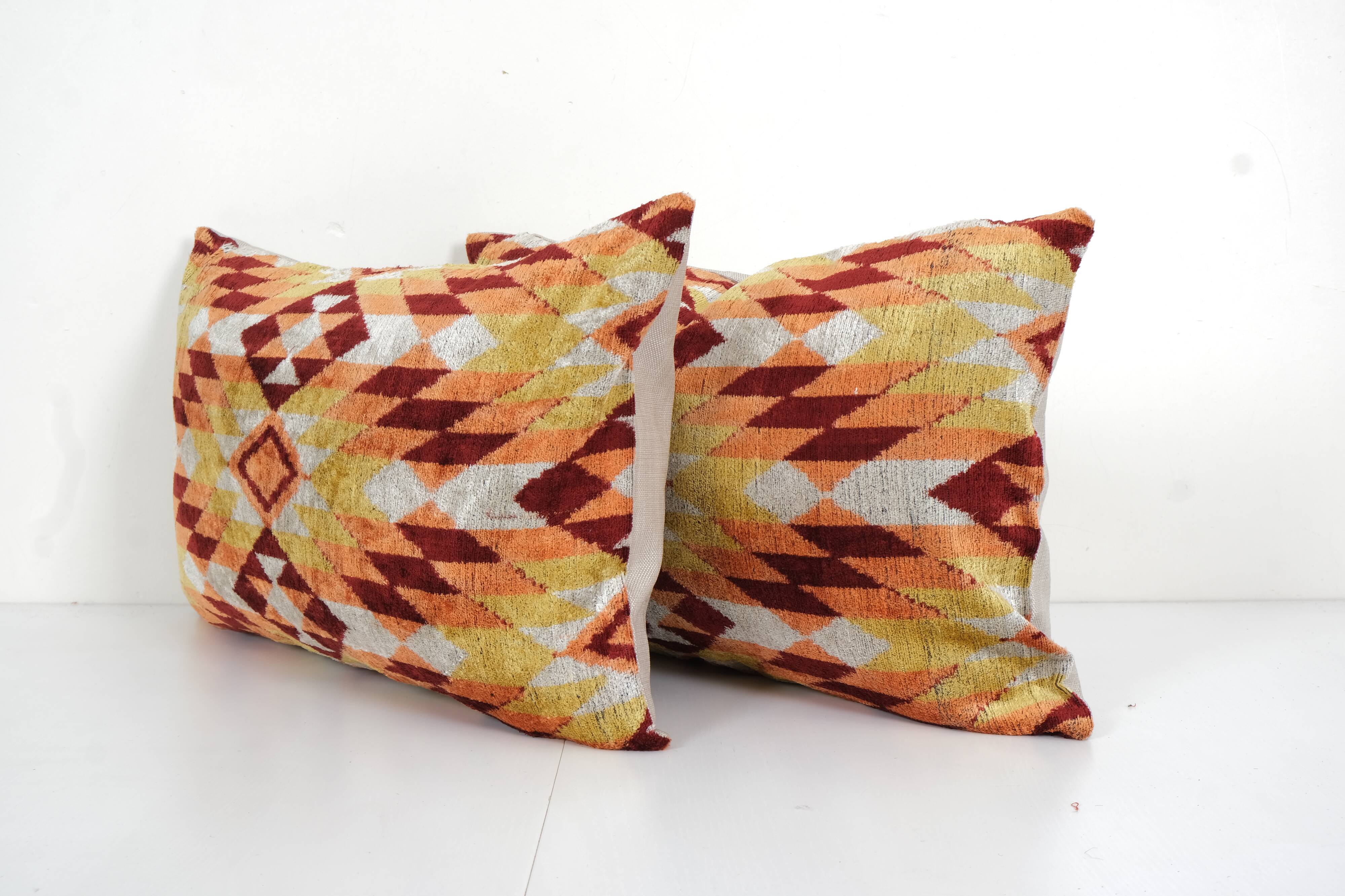 Ikat Lumbar Pillow Cover - Set of Two Colorful Silk Ikat Velvet Pillowcase - Handwoven Cushion Cover