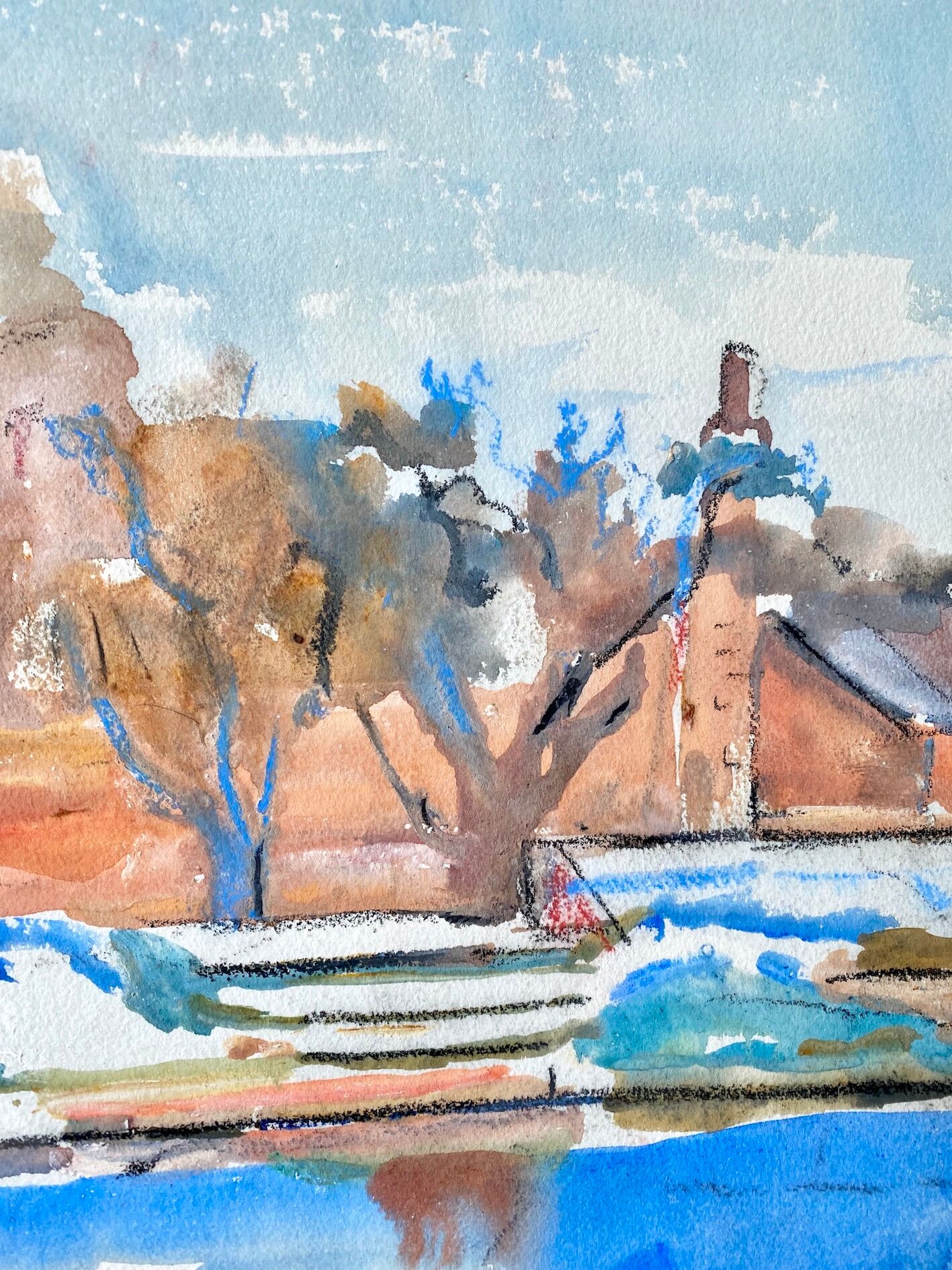 Mid-Century Modern Swedish "The Waterway" Vintage Landscape Watercolour Painting, Framed