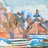 Mid-Century Modern Swedish "The Waterway" Vintage Landscape Watercolour Painting, Framed