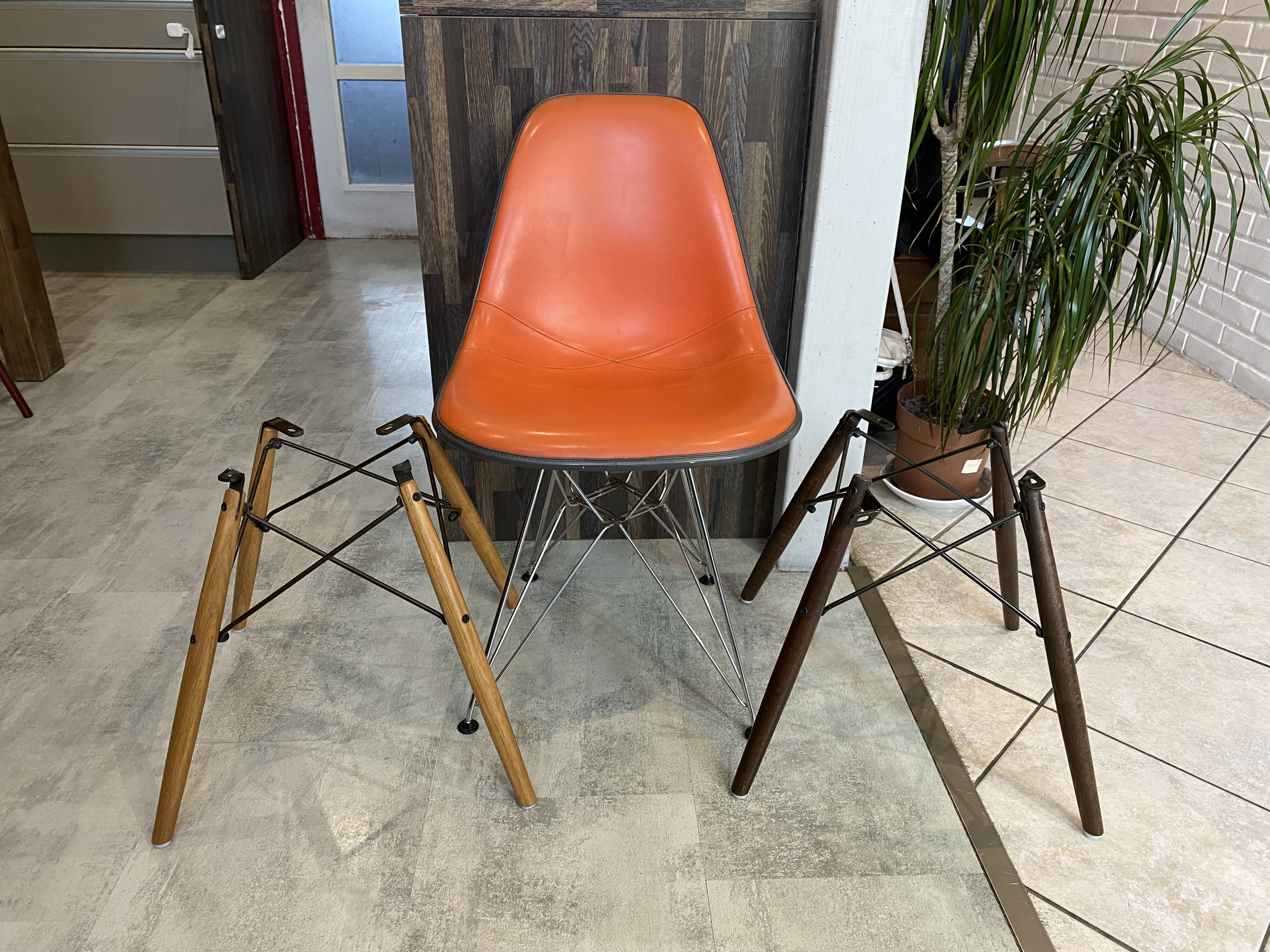 Eames Herman Miller DSR Eiffel chair in orange greige fibreglass and skai.