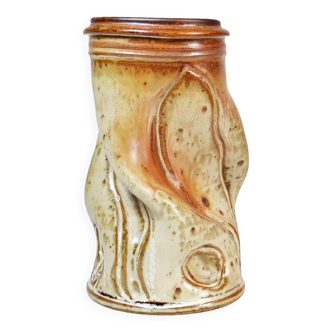 “crumpled” enameled stoneware vase signed