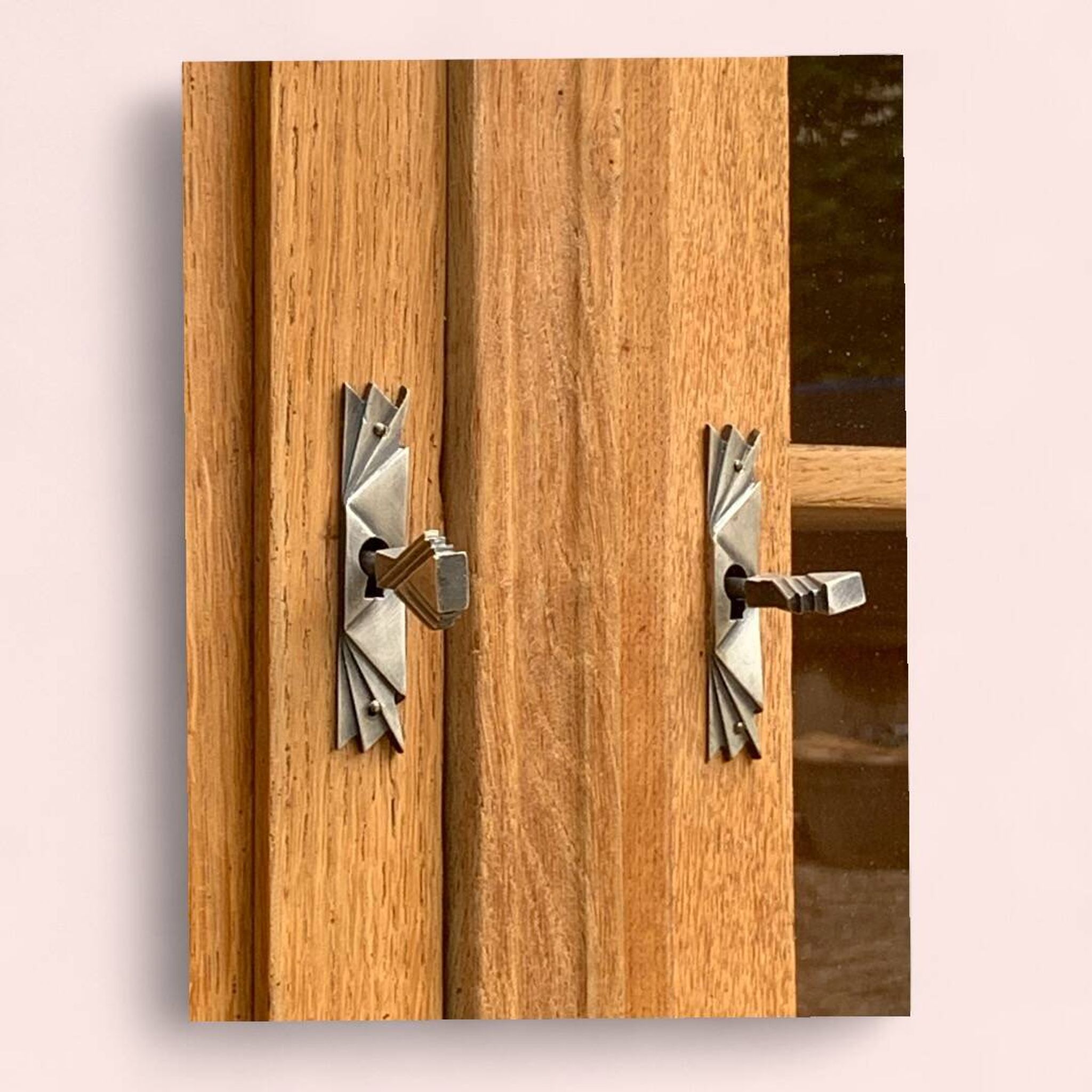 Asymmetrical Art Deco glass-fronted Parisian wardrobe in raw oak, 1930.