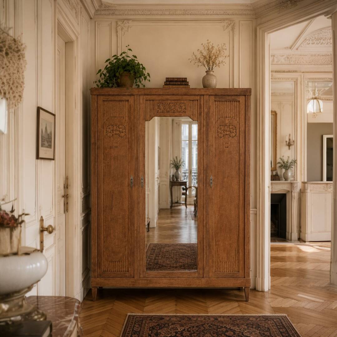 Art deco wardrobe in raw oak with bevelled mirror.