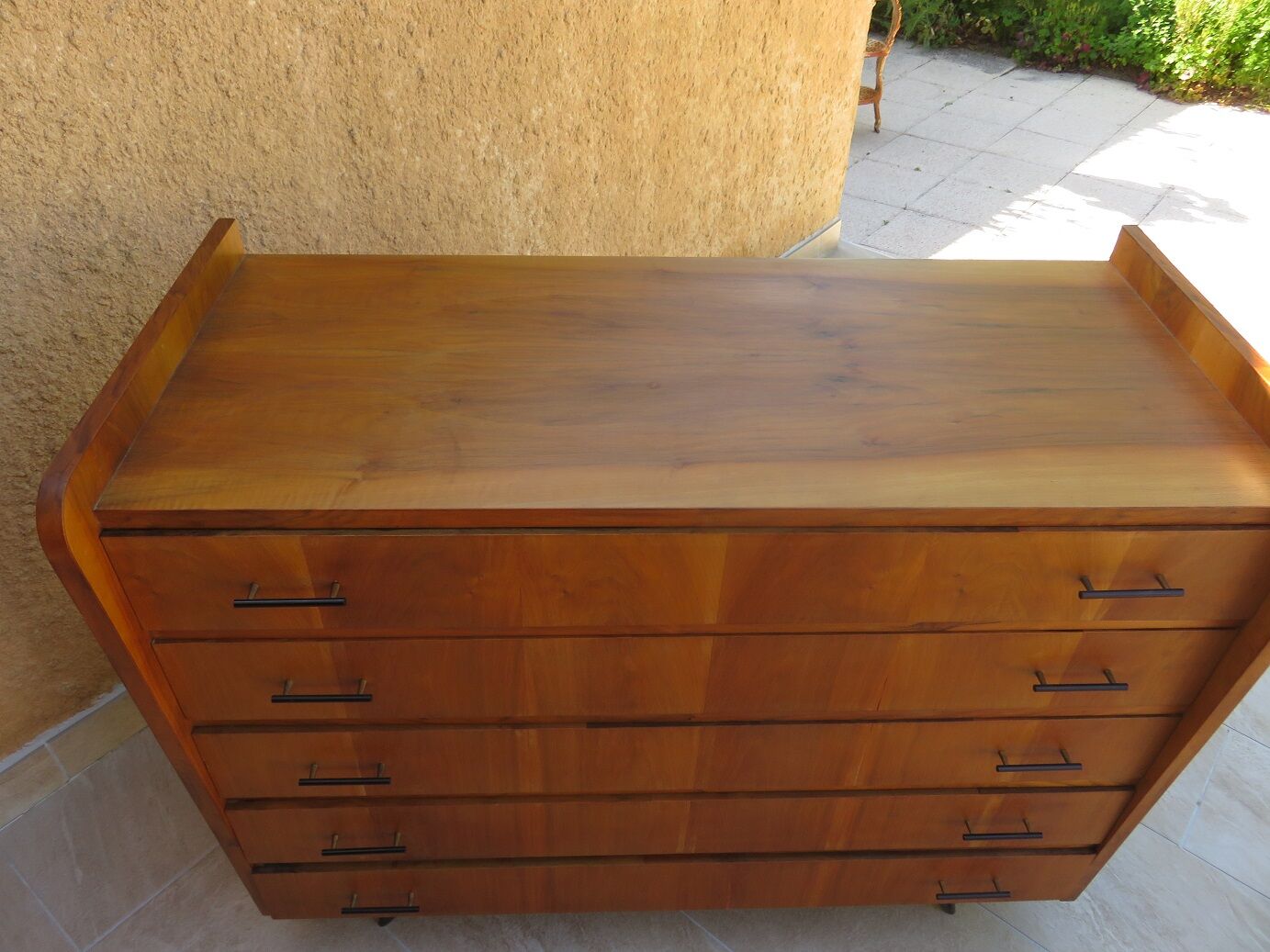 Teak chest of drawers and metal compass feet