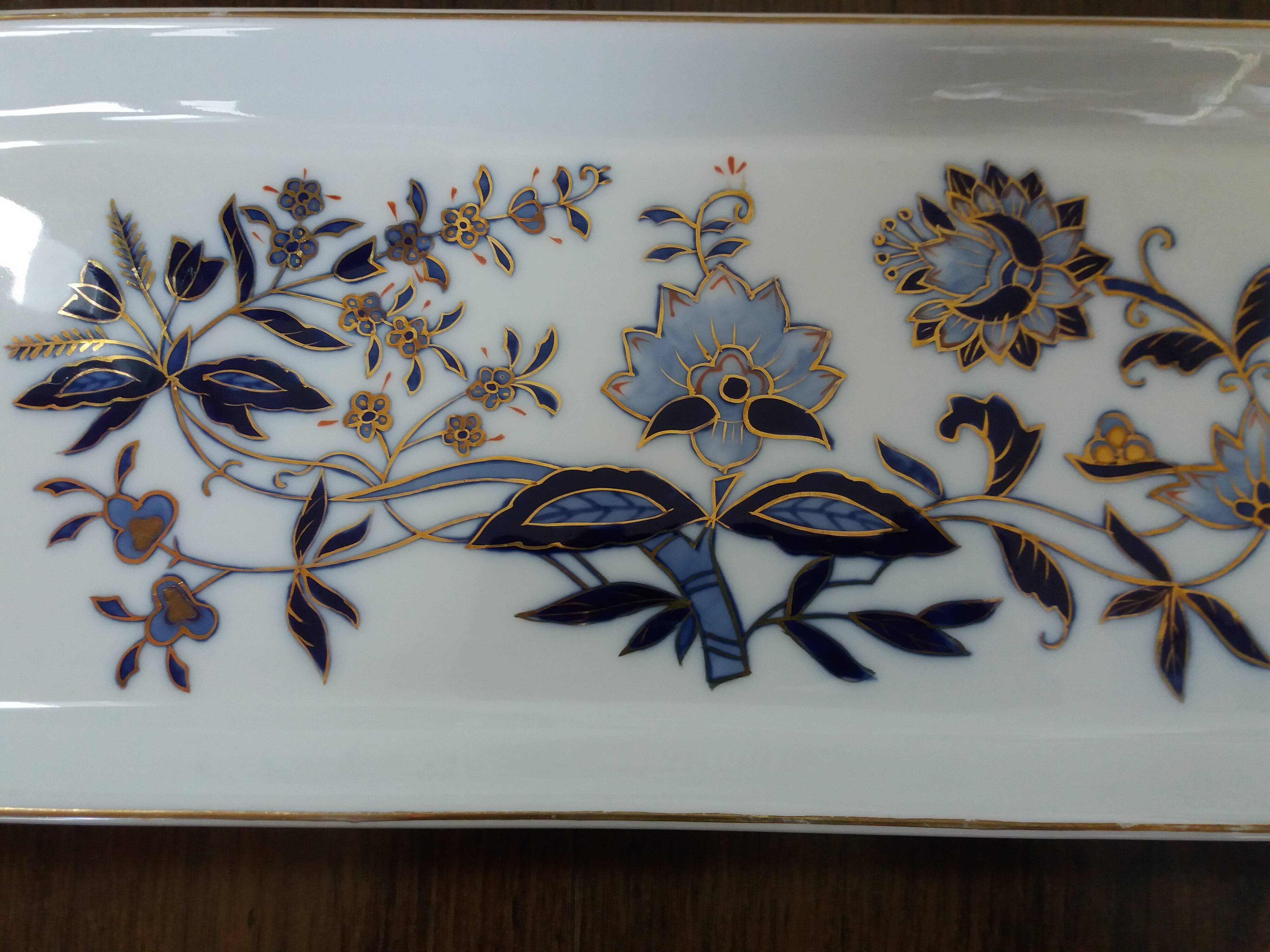 Victoria rectangular tray, hand-painted blue and gold porcelain decoration