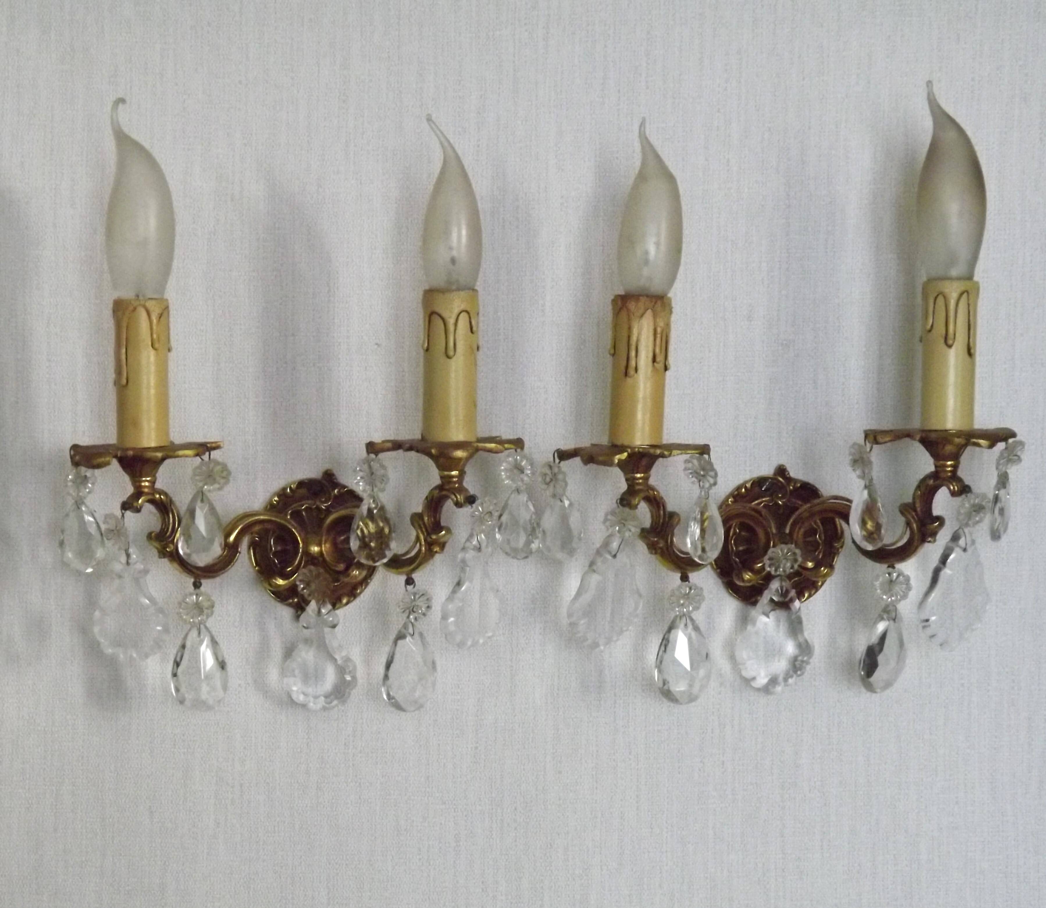 Pair of French Vintage Double Bronze Crystal Wall Lights with Acanthus Detail
