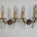 Pair of French Vintage Double Bronze Crystal Wall Lights with Acanthus Detail