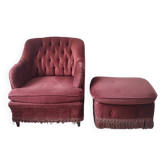 Velvet armchair in old rose and its footrest.
