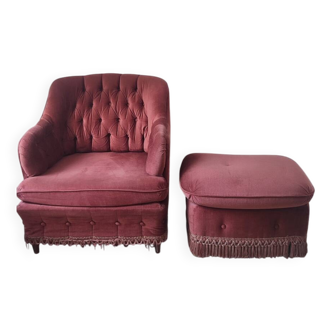 Fauteuil velours vieux rose et son repose pied