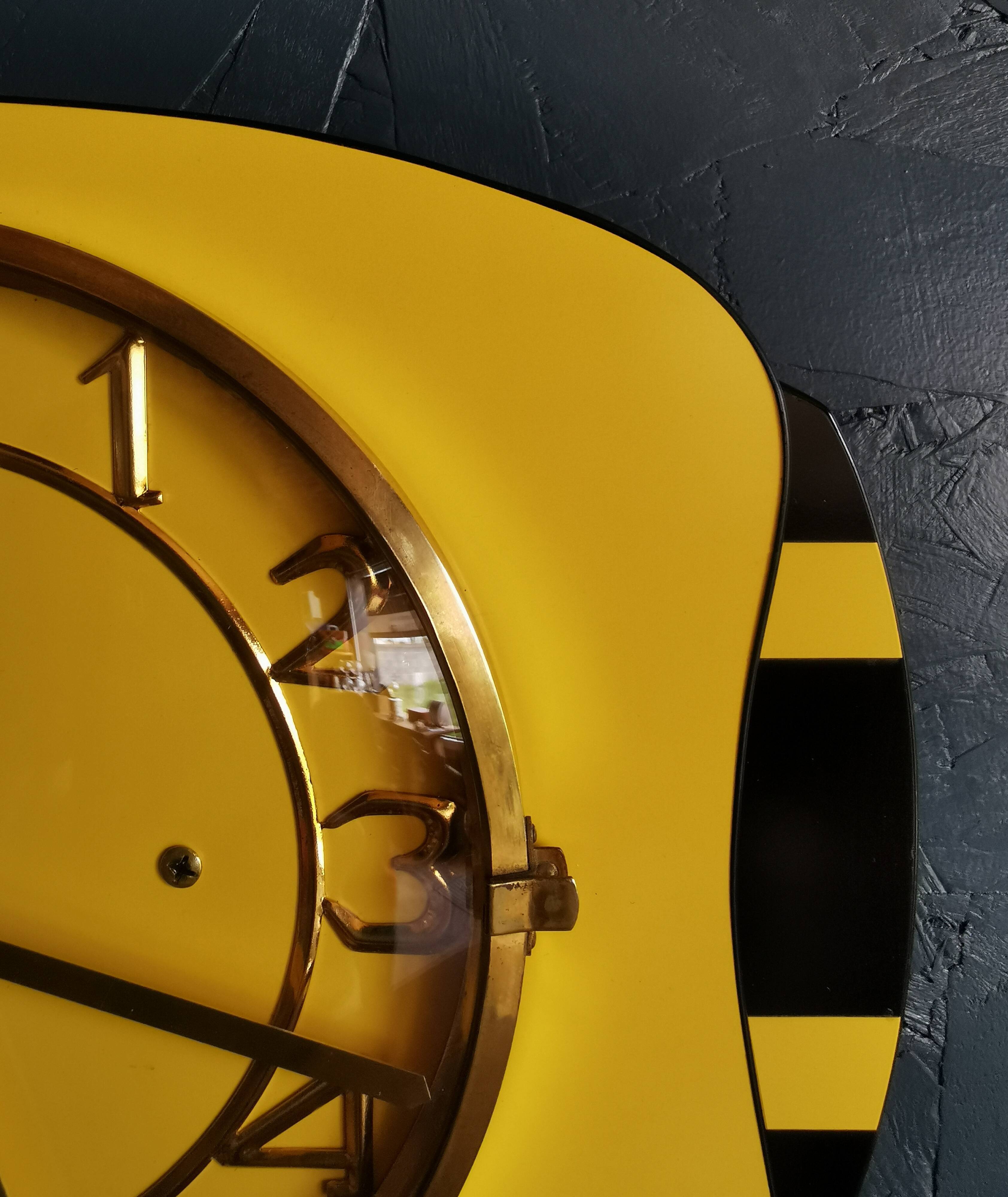 Vintage formica clock rectangular silent wall clock "Lora yellow black"