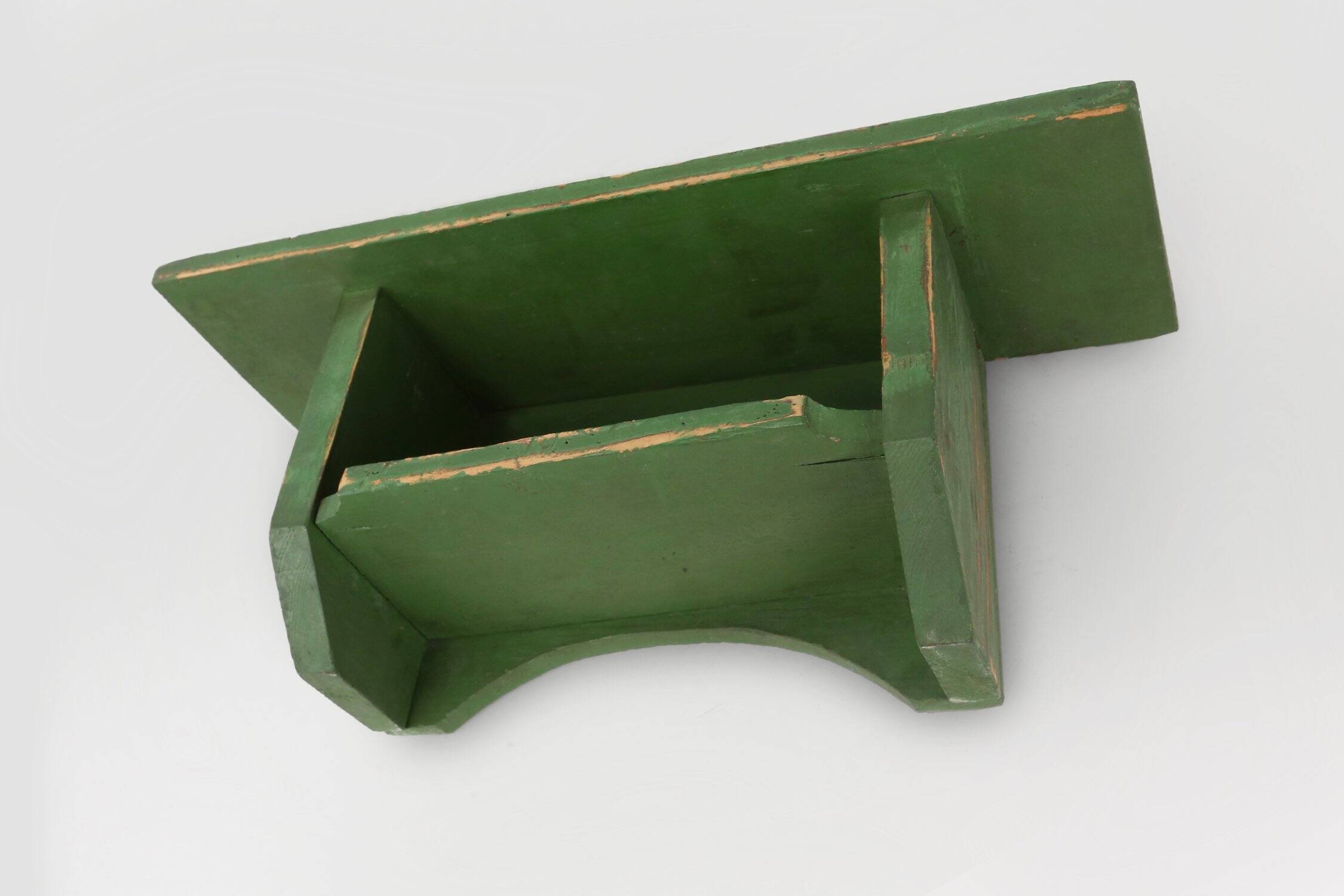 Small Rustic Green Wooden Wall Unit with 2 Shelves, France, 1880s